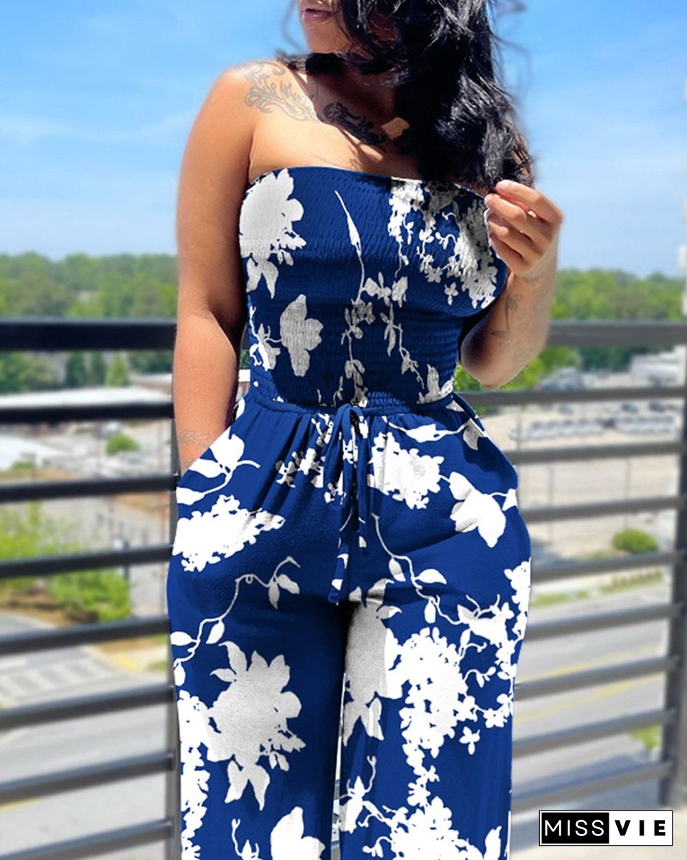 Floral Print Drawstring Waist Wide Leg Shirred Tube Jumpsuit