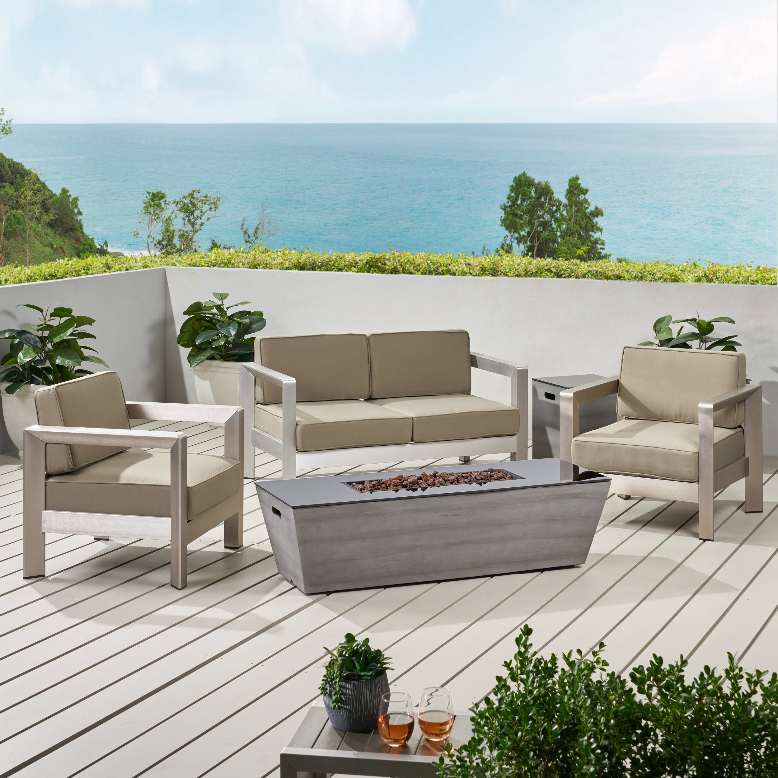 Gianelle Outdoor Modern 4 Seater Aluminum Chat Set with Fire Pit and Tank Holder