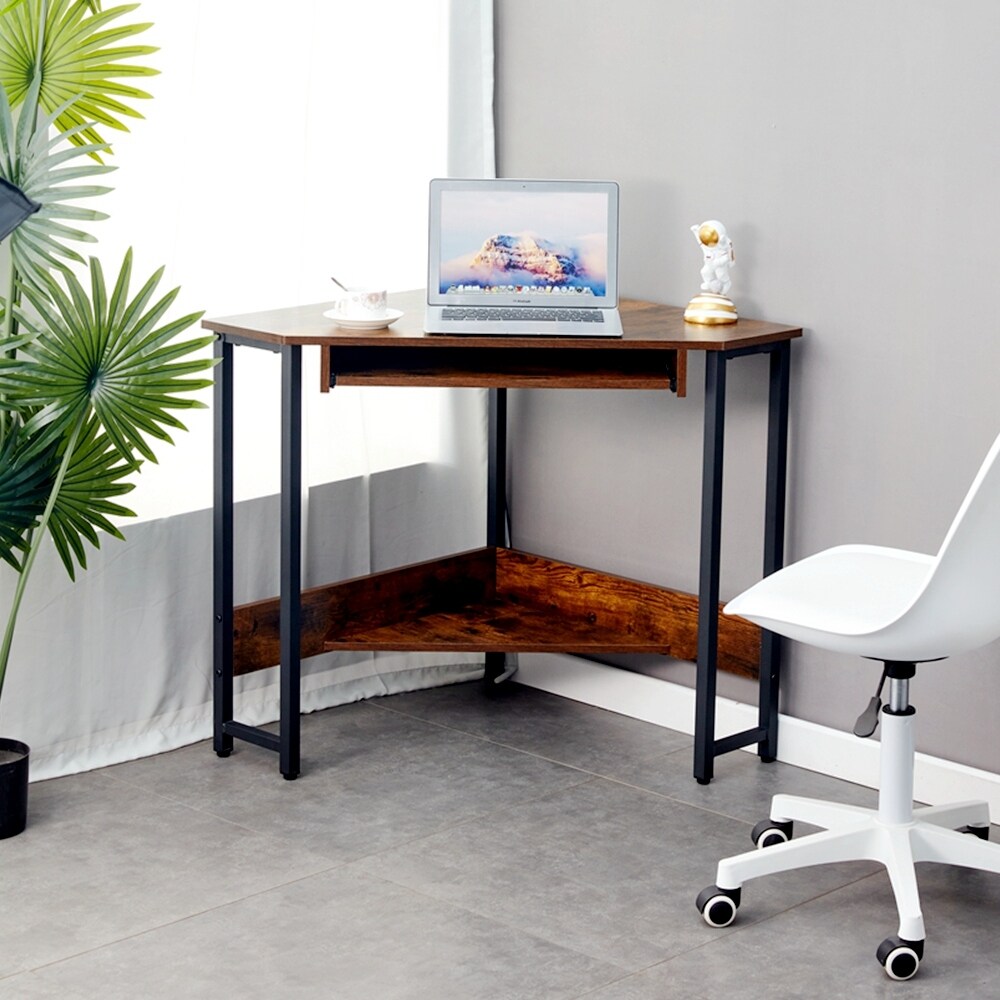 Triangle Computer Desk Corner Desk With Smooth Keyboard Tray  Storage Shelves