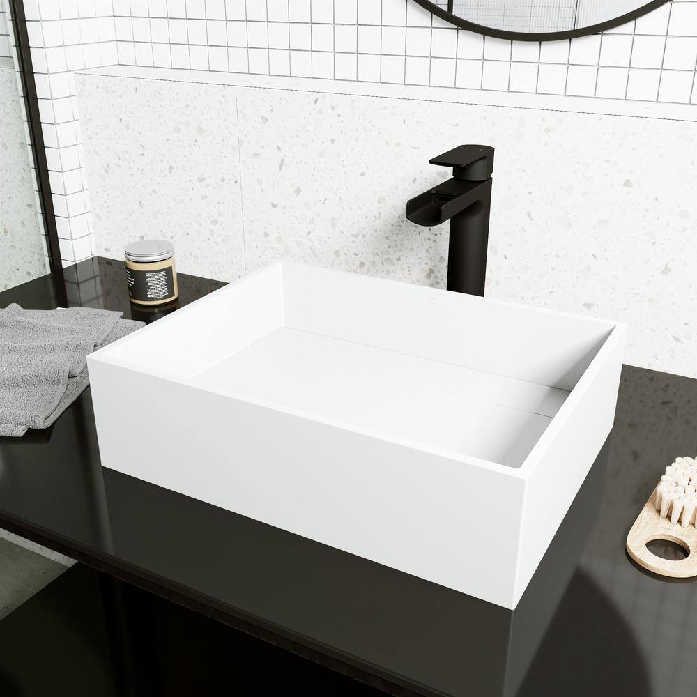 VIGO Montauk Modern White Matte Stone 18 in. L x 13 in. W x 5 in. H Rectangular Vessel Bathroom Sink VG04023