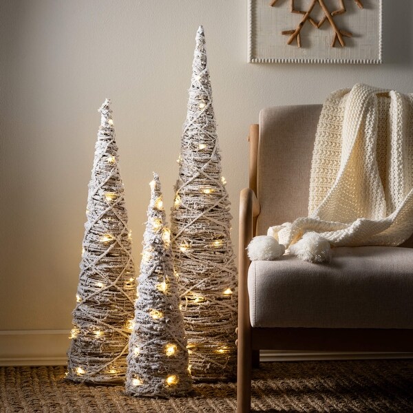 39H，31H and 24H Sullivans Christmas Lighted Frosted Cone Trees Set of 3，White