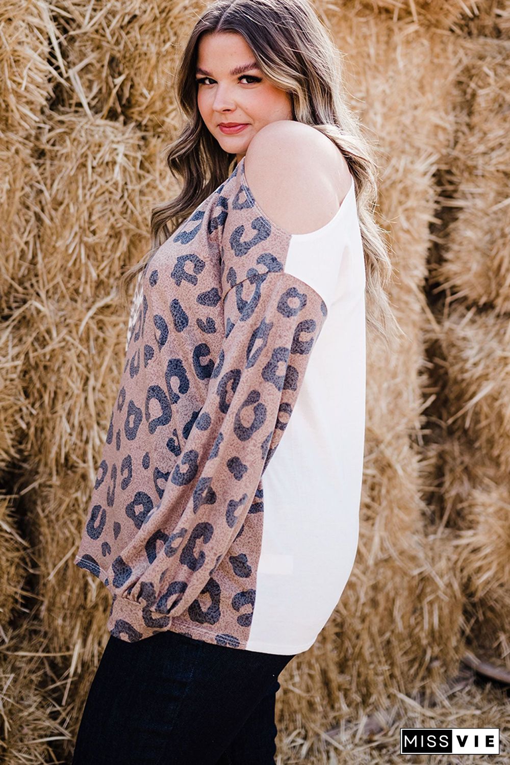 Plus Size Leopard Color Block Asymmetrical Cold Shoulder Top