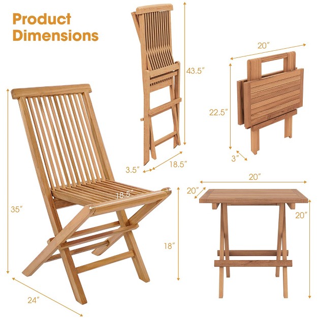 Costway 3pcs Patio Bistro Set Square Table Teak Wood Folding Chair Slatted Tabletop Seat