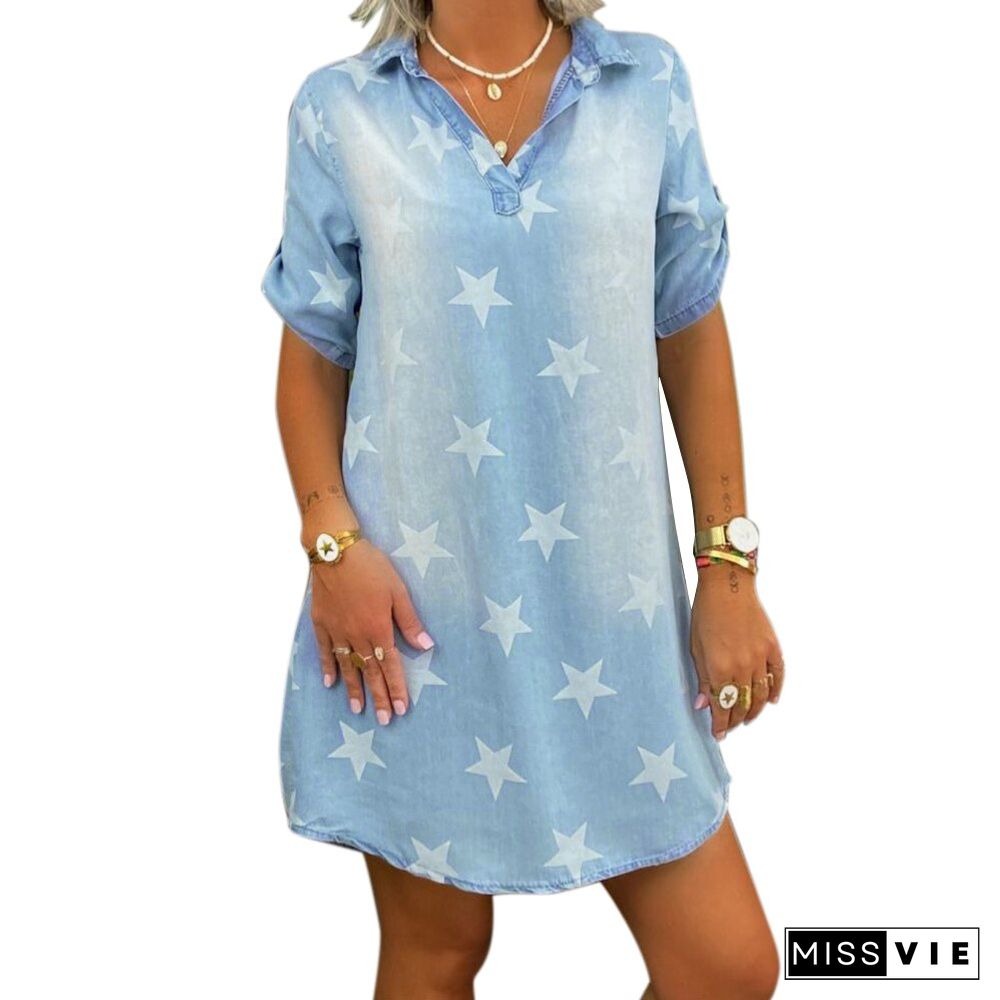 Star Print Denim Mini Dress for Women Summer Turn-down Collar Shirt Dresses Fashion Short Sleeve Jeans Dress Pullover D30