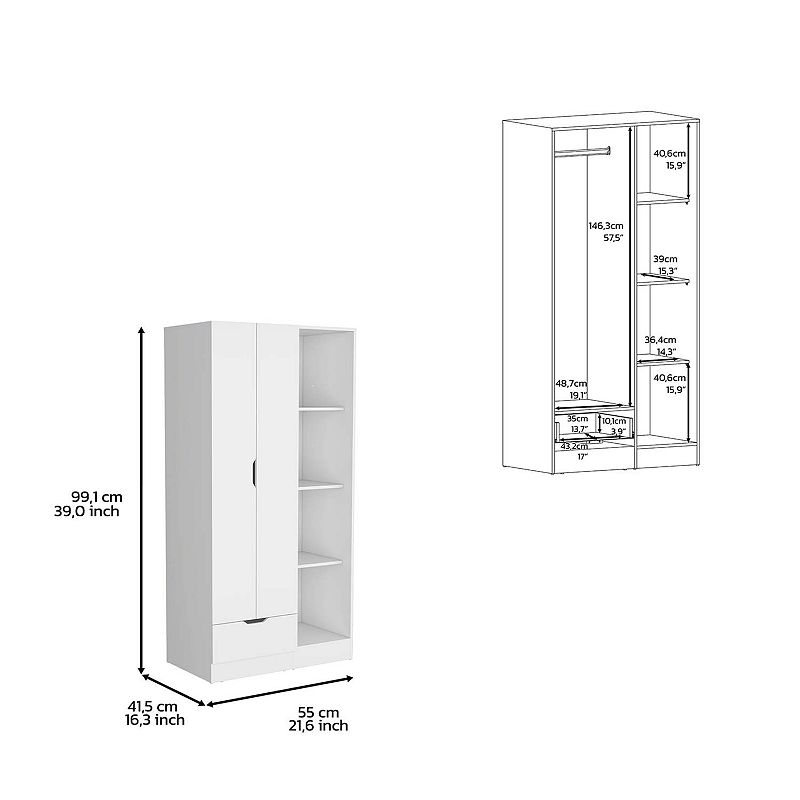 DEPOT E-SHOP Toccoa Armoire with 1-Drawer and 4-Tier Open Shelves， White