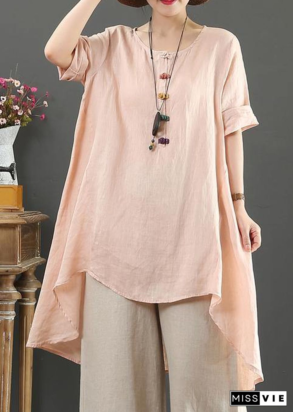 Loose o neck asymmetric linen summer linen tops women pattern pink shirts