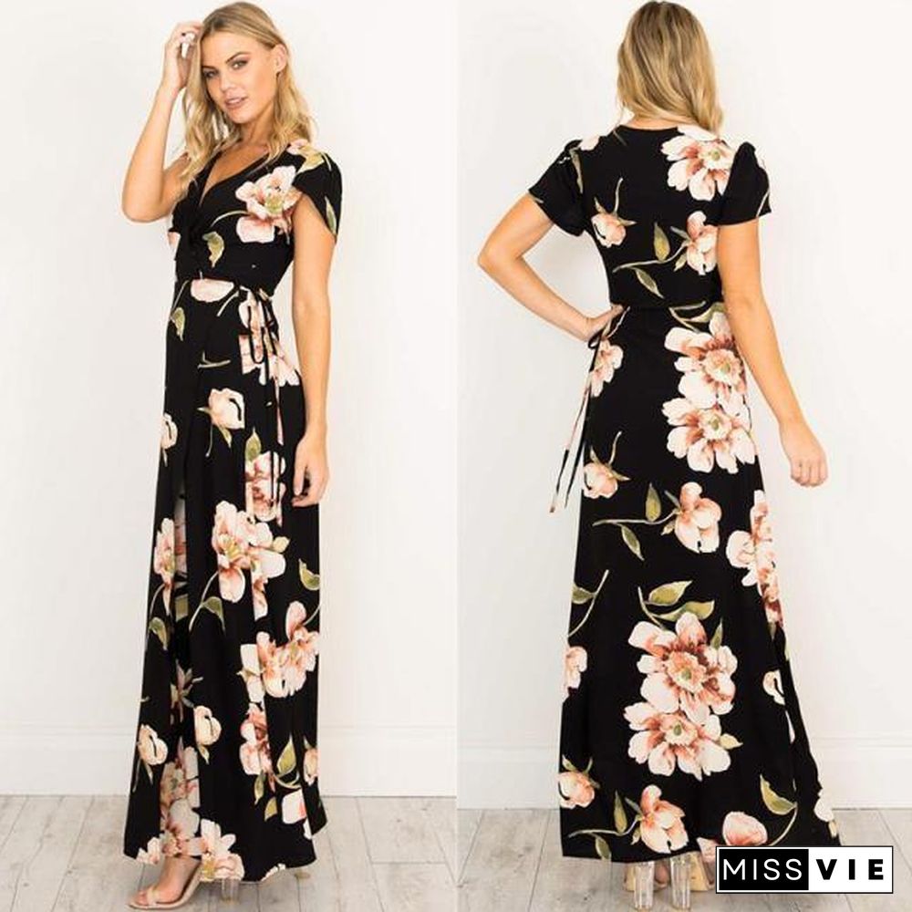 Women Retro Black Dresses V-Neck Maxi Dress Floral Printed Party Dress Mother Of Bride Dresses Female Vestidos WS647C