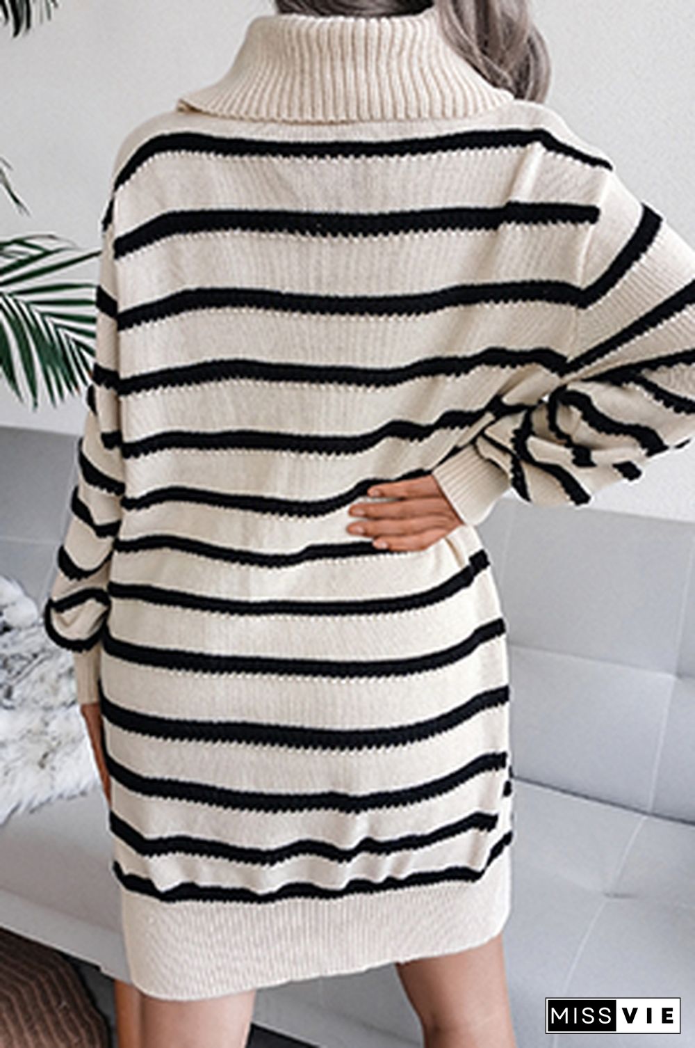 Casual Striped Split Joint  Contrast Turtleneck Dresses  (Without Belt)