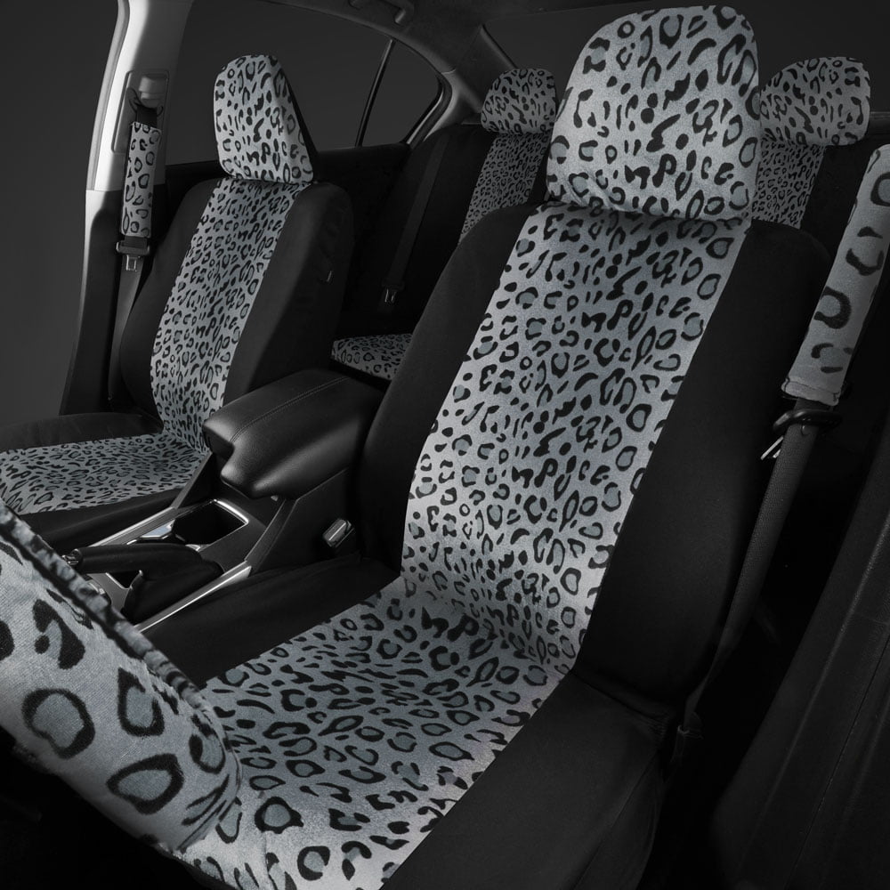 carXS Leopard Print Car Seat Covers Full Set， Includes Matching Seat Belt Pads and Steering Wheel Cover， Two-Tone Cheetah Print Gray Seat Covers for Cars for Women， Car Seat Protector Interior Covers