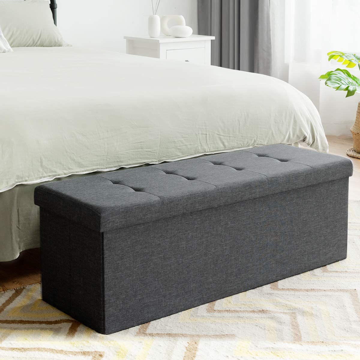 Storage Ottoman Bench, 43.5''L Folding Foot Rest Storage Chest with Divider, Padded Seat Shoe Bench for Living Room Bedroom Hallway Entryway End of Bed, Holds up to 660 lbs (Dark Gray)