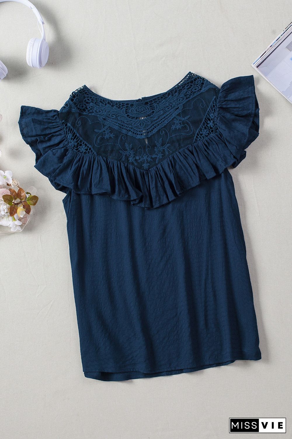 Navy Lace Splicing Ruffled Short Sleeve T-shirt