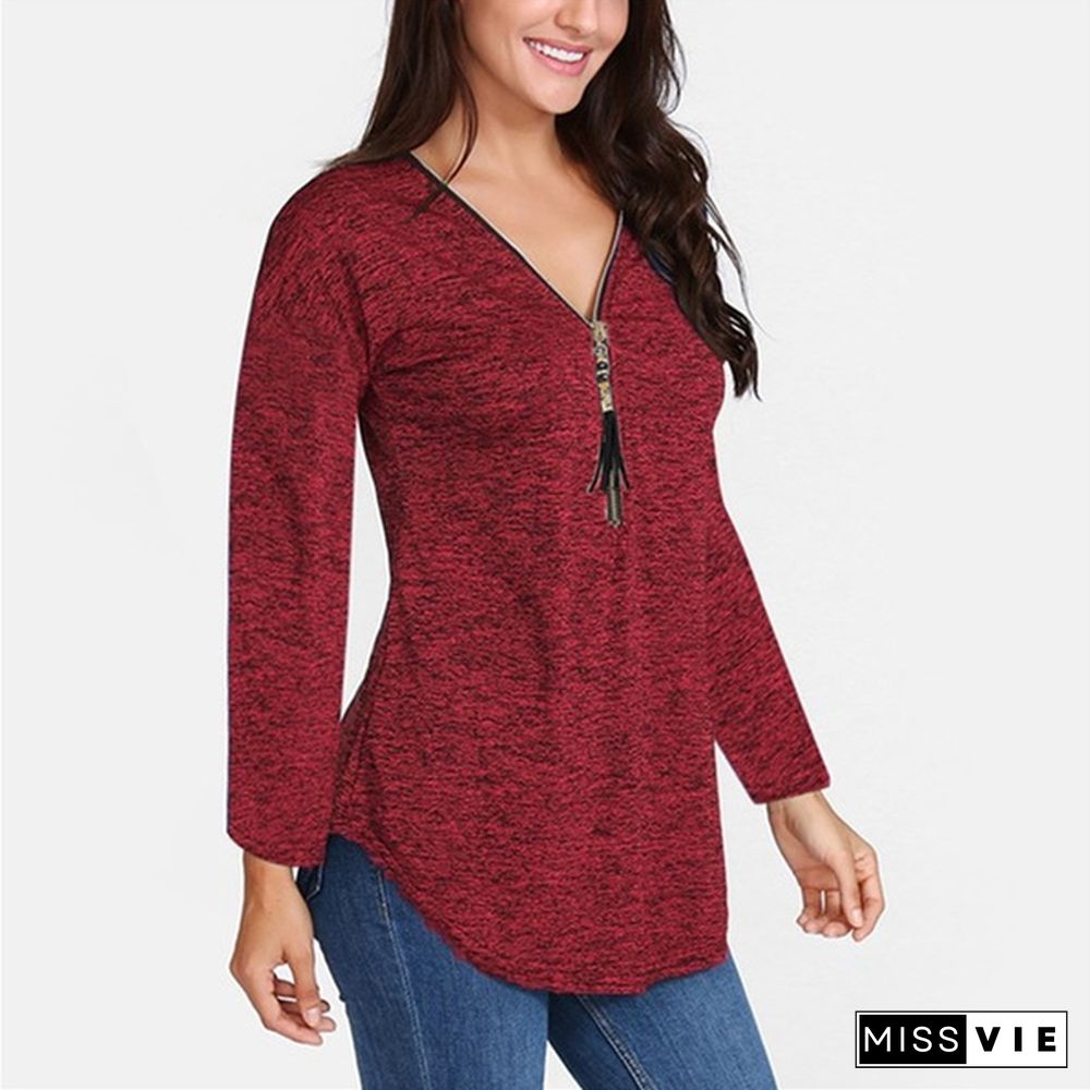 S-5XL Women Autumn Plus size Casual Loose V-neck Zippers Long sleeves Pure color Tops T shirts