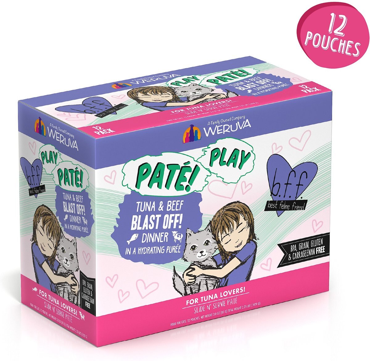 BFF Play Pate Lovers Tuna and Beef Blast Off Wet Cat Food， 3-oz pouch， pack of 12