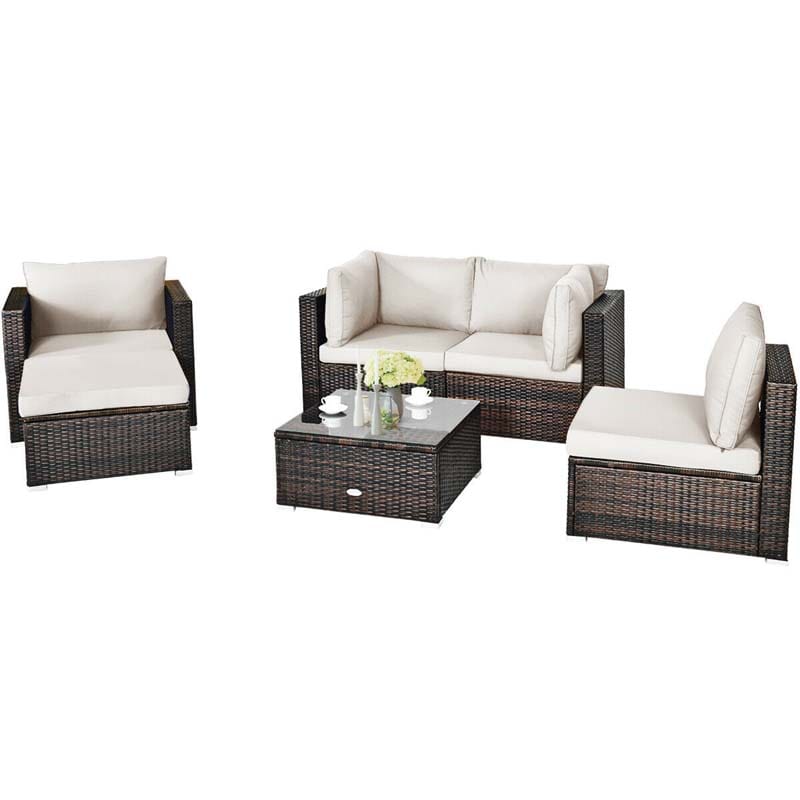 6 Pcs Patio Rattan Sectional Furniture Set Outdoor Conversation Sofa Set with Cushions