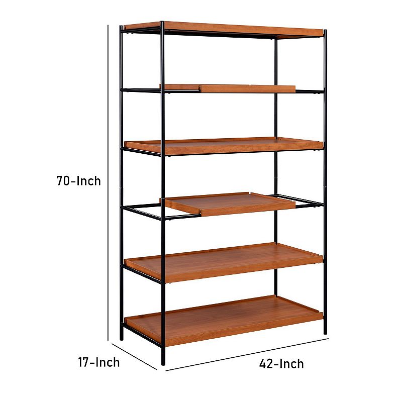 5 Tier Wooden Bookshelf with Open Metal Frame， Oak Brown and Black