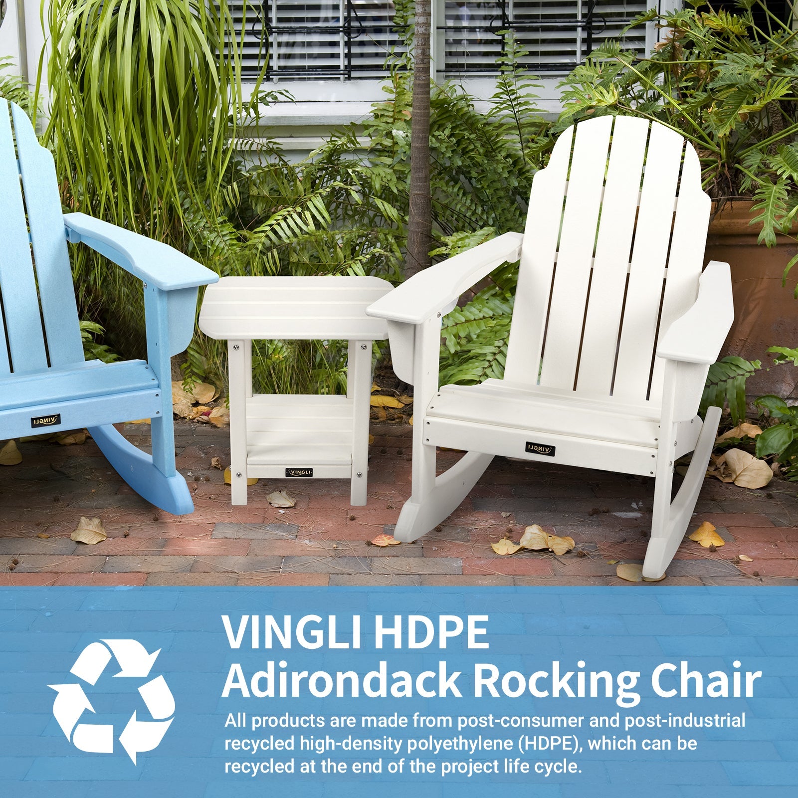 VINGLI Outdoor Rocking Chair, Plastic Adirondack Chair HDPE, 100% Recyclable Waterproof, for Pool Patio Lawn, White