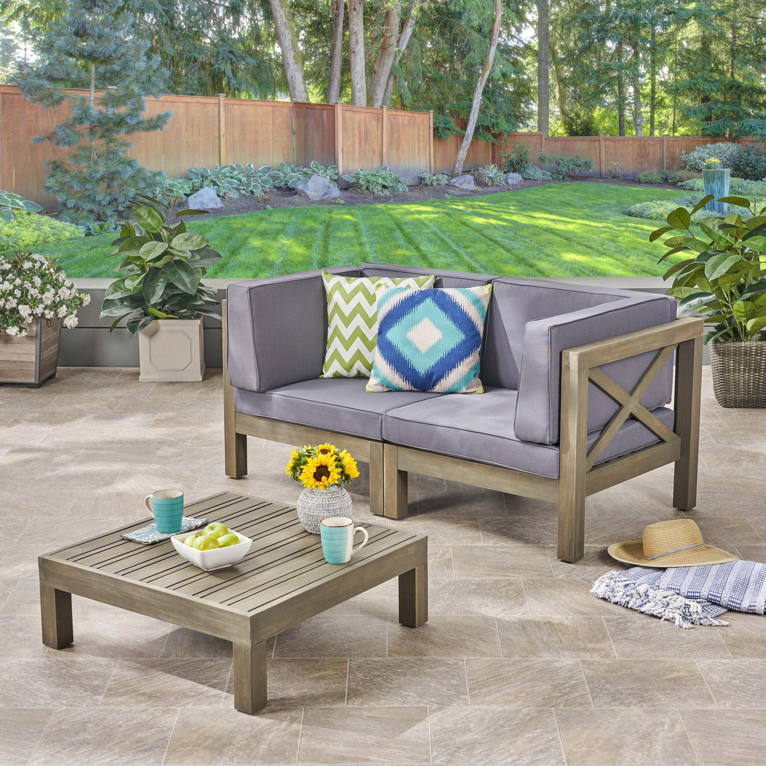 Keith Outdoor Sectional Loveseat Set with Coffee Table  2-Seater  Acacia Wood  Water-Resistant Cushions