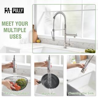 Fapully Commercial Single Handle Pull Down Sprayer Kitchen Faucet in Brushed Nickel Stainless Steel Spring Kitchen Sink Faucet DFA-1007N