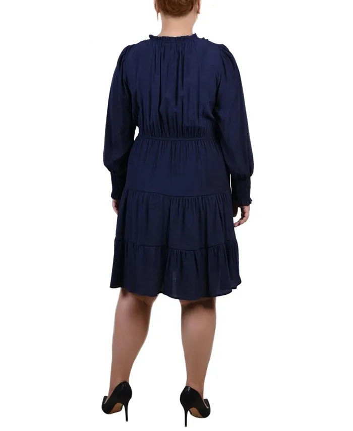 Plus Size Long Sleeve Tiered Dress with Ruffled Neck