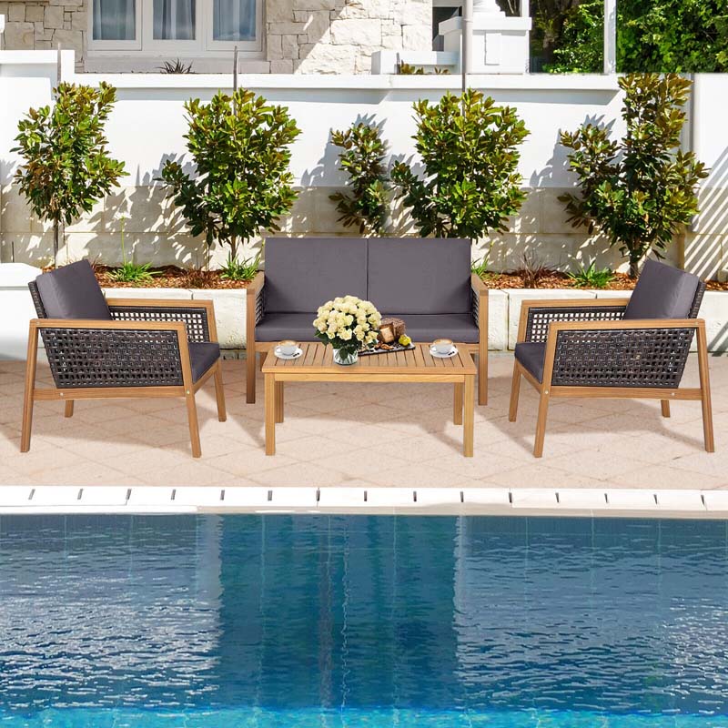 4 Pcs Outdoor Acacia Wood Furniture Set Rattan Patio Conversation Sofa Set with Coffee Table & Soft Cushions