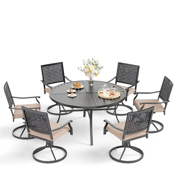 7Piece Patio Dining Set ，Large Round Dining Table with Umbrella Hole and Metal Swivel Dining Chairs