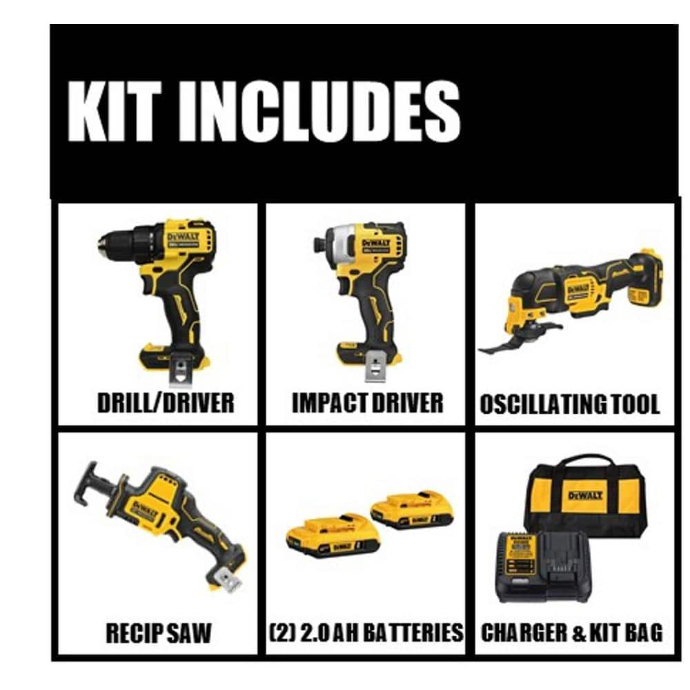 DEWALT ATOMIC 20V MAX Cordless Brushless 4 Tool Combo Kit, (2) 2.0Ah Batteries, Charger, and Bag DCK489D2