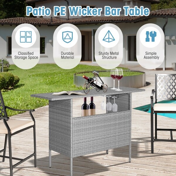 Outdoor Patio Wicker Bar Table with Metal Shelves