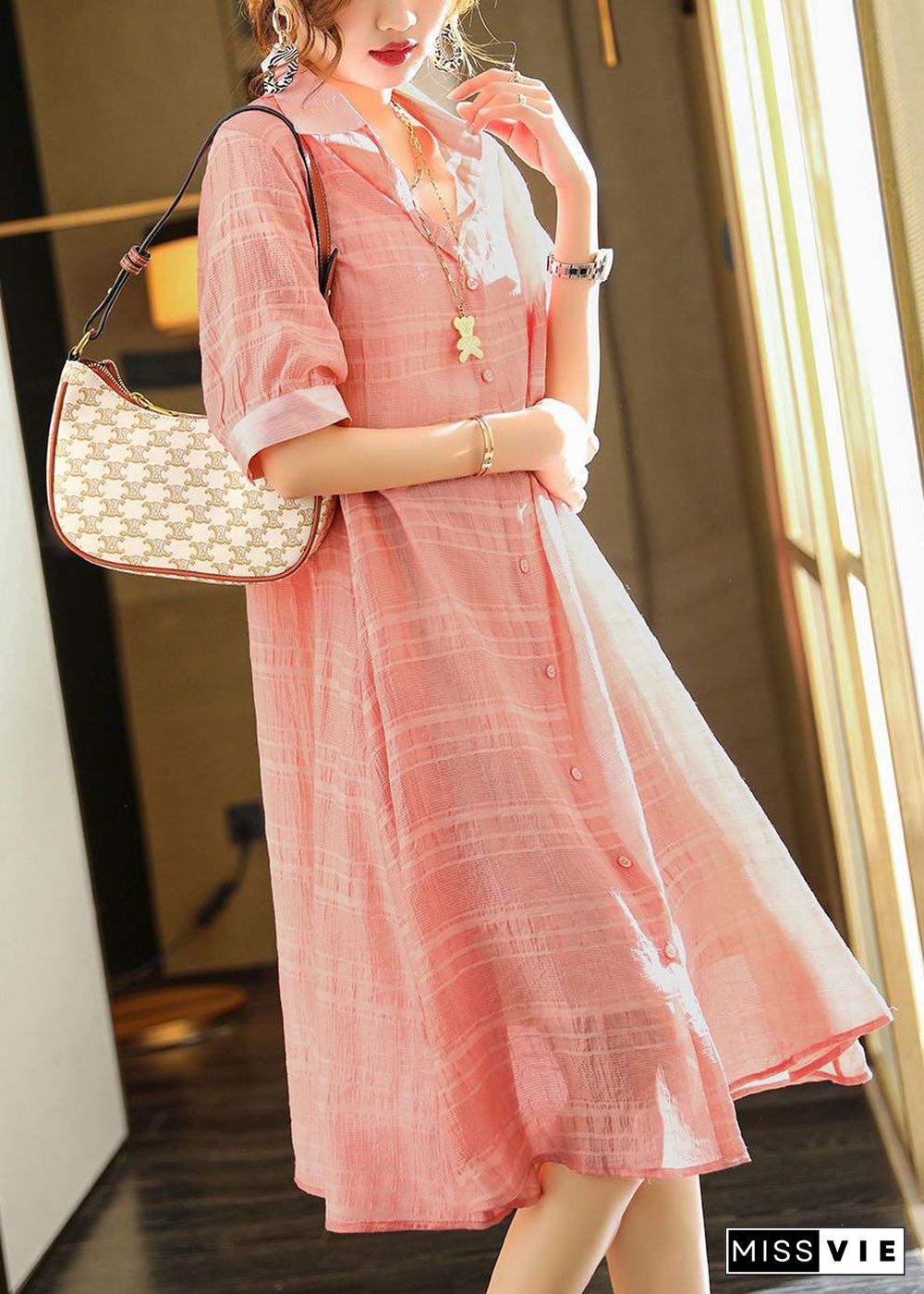 Pink Patchwork Cotton Shirt Dresses Two Piece Set Wrinkled Summer