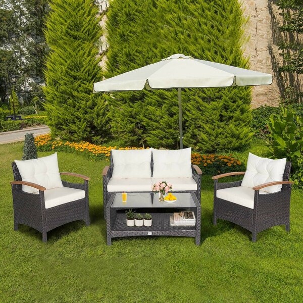 4 Pieces Patio Rattan Furniture Set with Cushioned Sofa and Storage Table