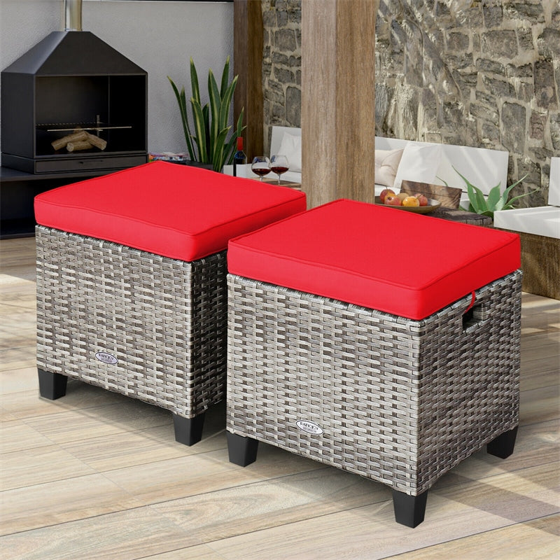 2 Pieces Wicker Patio Ottomans Outdoor Rattan Footstools with Removable Cushions