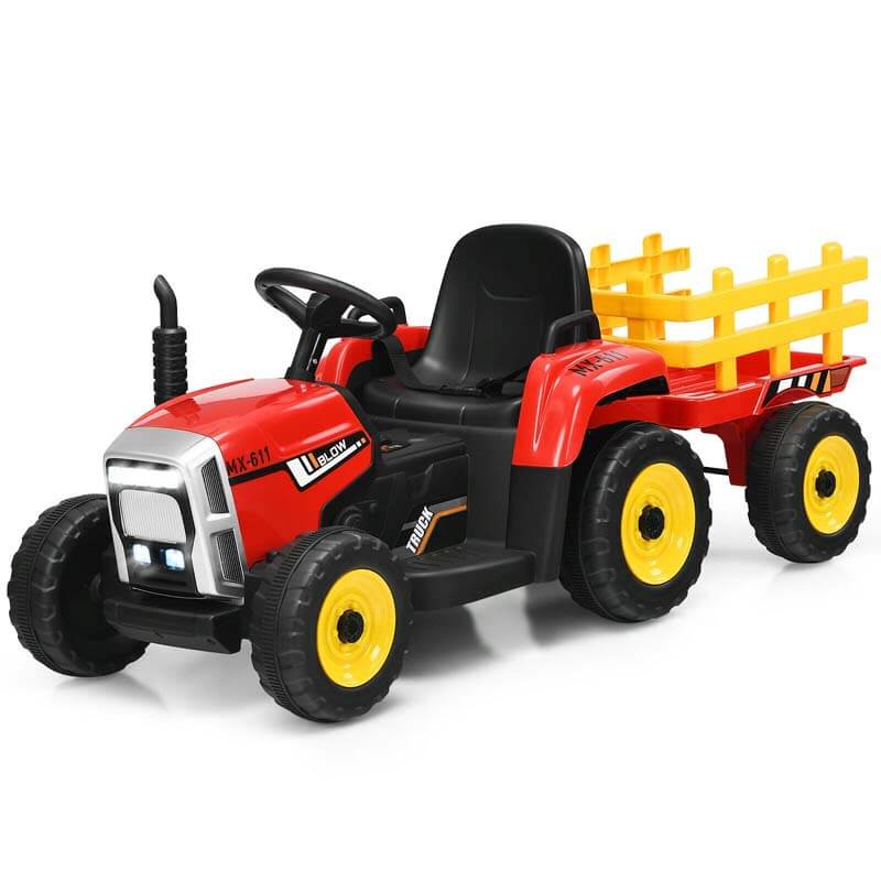 Kids Ride on Tractor w/Trailer 12V Battery Powered Electric Riding Toy Car Vehicle with 3-Gear-Shift Ground Loader