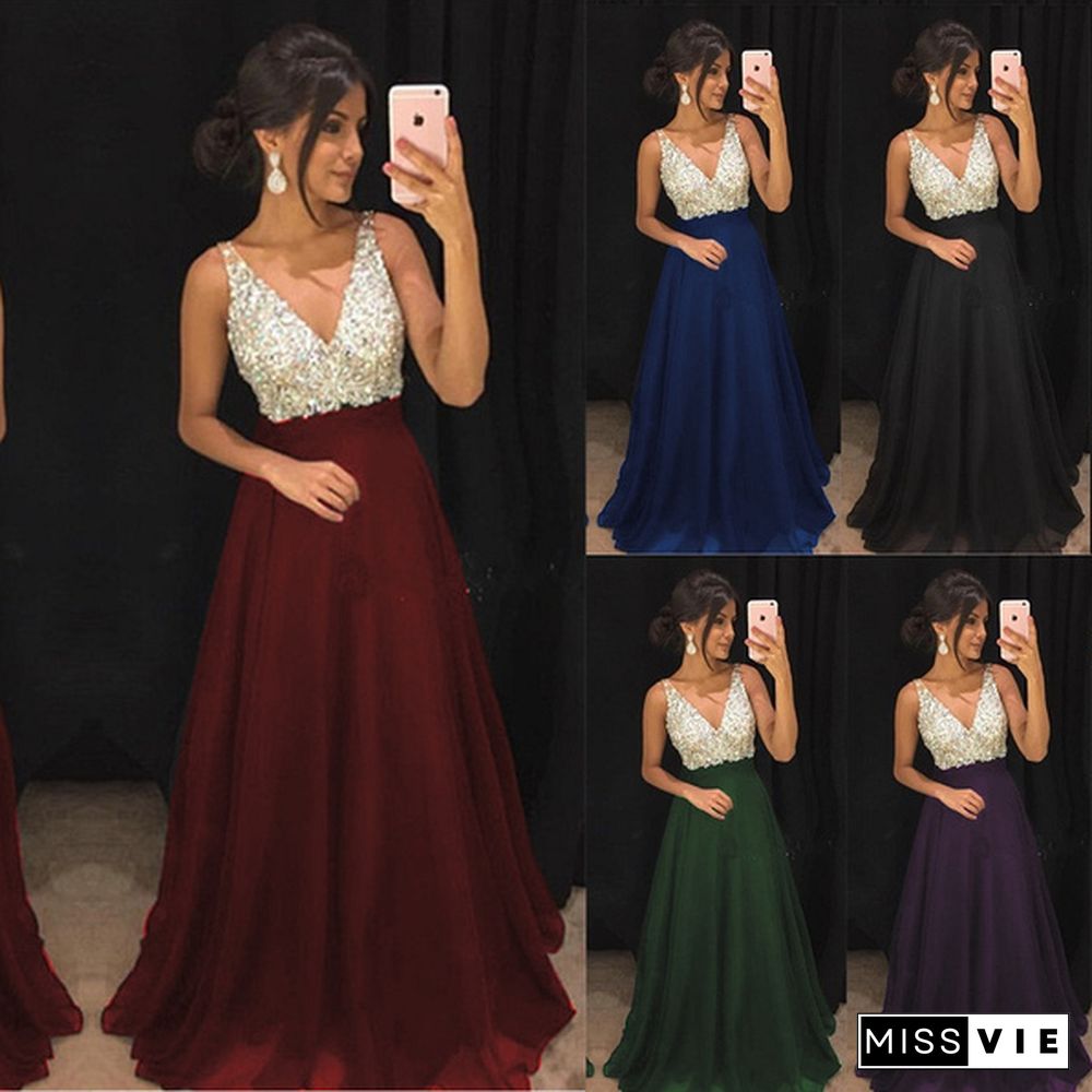 New Women Fashion V-neck Sleeveless Chic Sequin Evening Dress Ladies Shiny Robe Formal Party Dress Evening Gown Side Slit Long Prom Dress