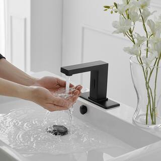 BWE DC Powered Commercial Touchless Single Hole Bathroom Faucet With Deck Plate And Pop Up Drain In Matte Black A-918108-B-2