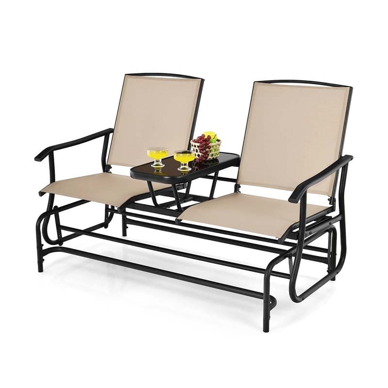 2-Person Outdoor Bench Glider Chair with Center Table, Mesh Fabric Rocking Loveseat for Patio