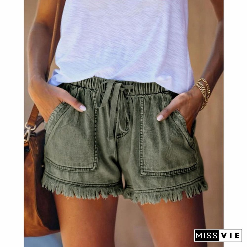 Women Summer Thin Denim Shorts Drawstring Waist Jeans Tassel Short Pants Ladies Beach Shorts