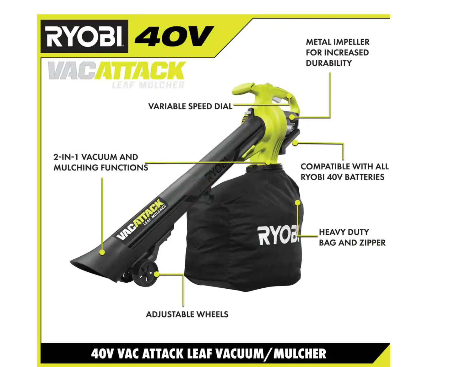 RYOBI RY40451 40V Vac Attack Cordless Leaf Vacuum/Mulcher with 5.0 Ah Battery and Charger