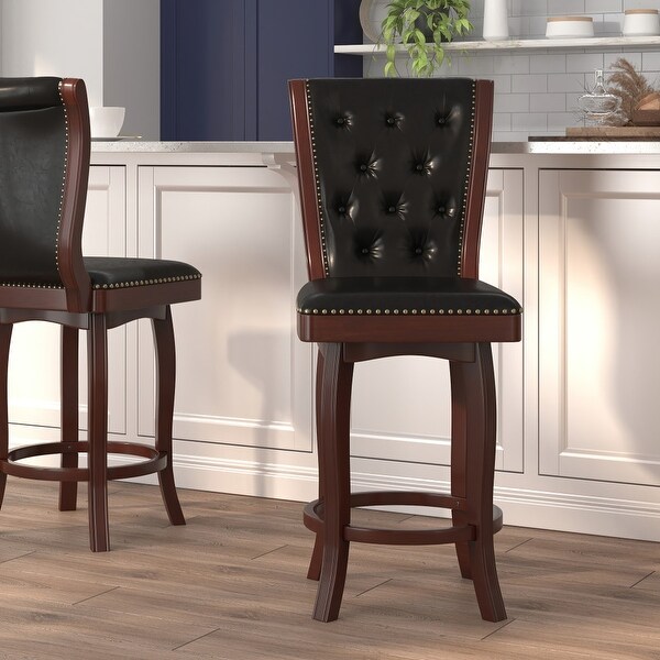 30-inch Faux Leather Swiveling Wood Barstool w/ Tufted Back - 19.75