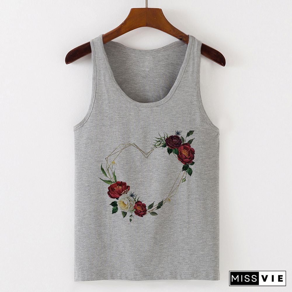 Summer Tank Tops Heart Flower Love Graphic Print Ladies Sexy Vest Camisole Women Tops Tee Tshirt Female Casual Loose Sleeveless