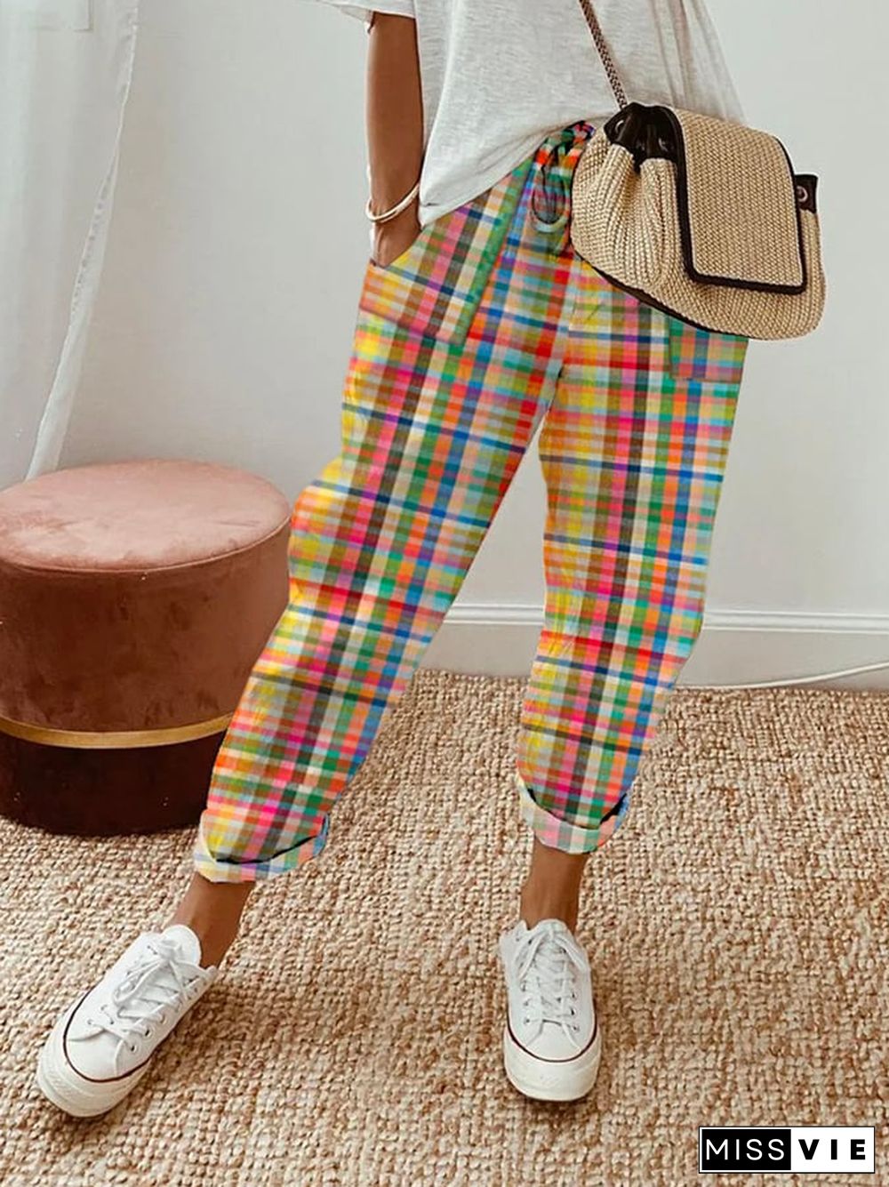 Vintage Check Print Double Patch Pocket Relaxed Pants