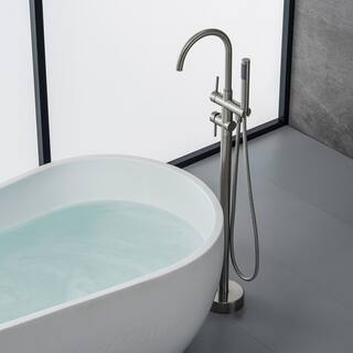 ATKING Round 2-Handle Floor-Mount Roman Tub Faucet with Hand Shower in Stainless Steel in Brushed Nickel HBF-602