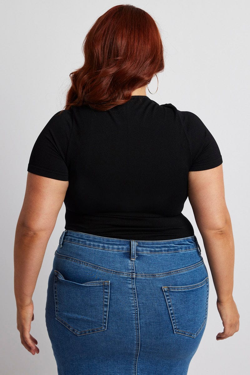 Black Bodysuit Cut Out Short Sleeve Crew Neck Seamless