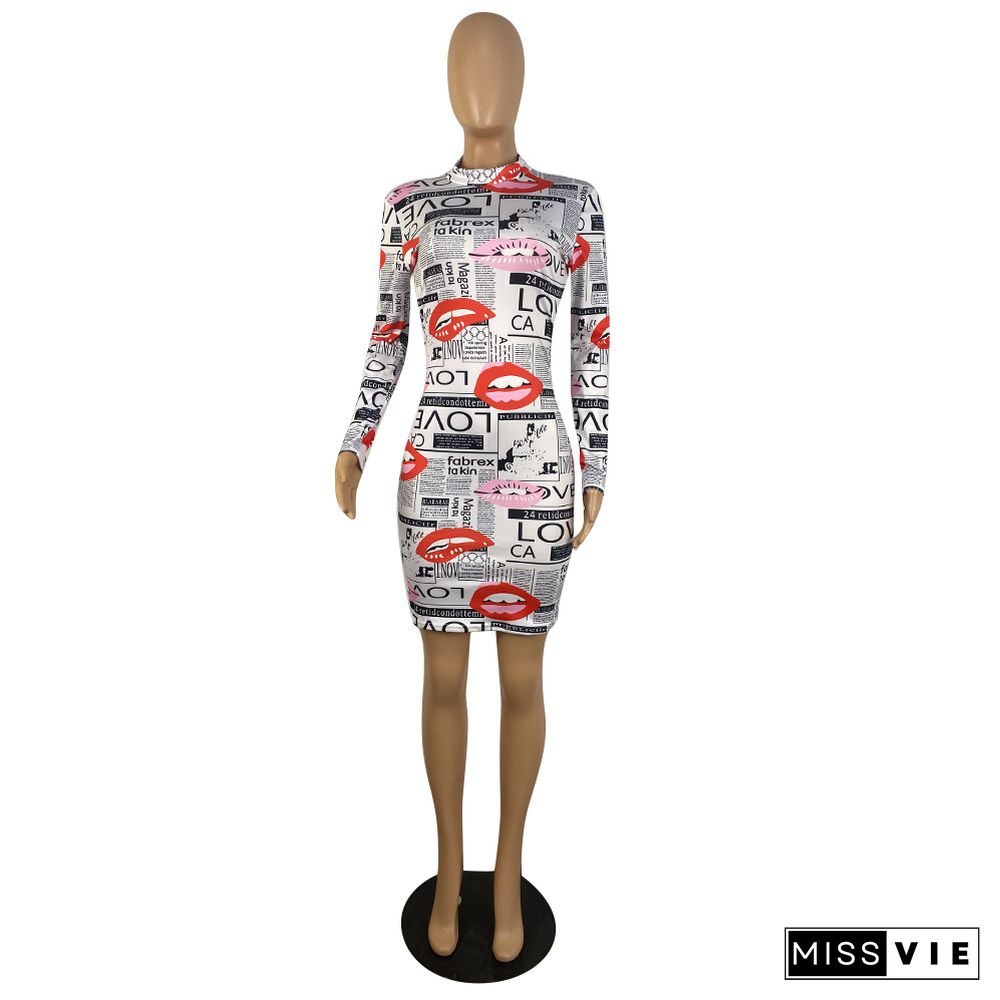 Newspaper Red Lips Print Bodycon Dresses