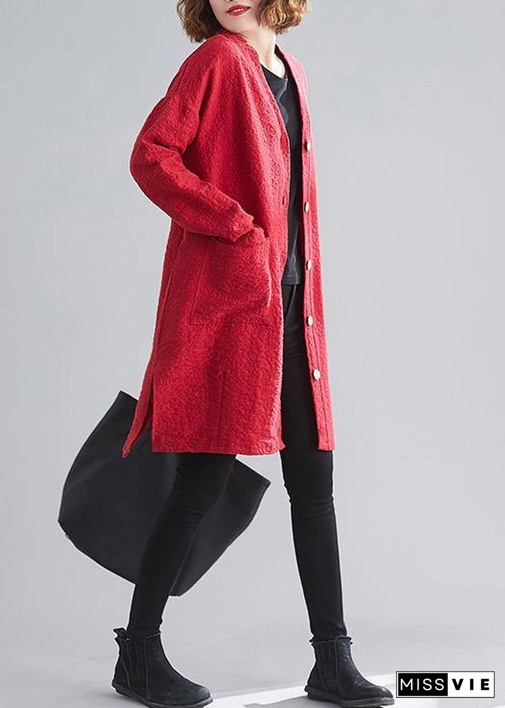 Classy v neck Button Fine Coats Women red daily outwear