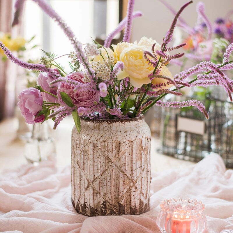 RusticReach Distressed White Ceramic Flower Jar Vase