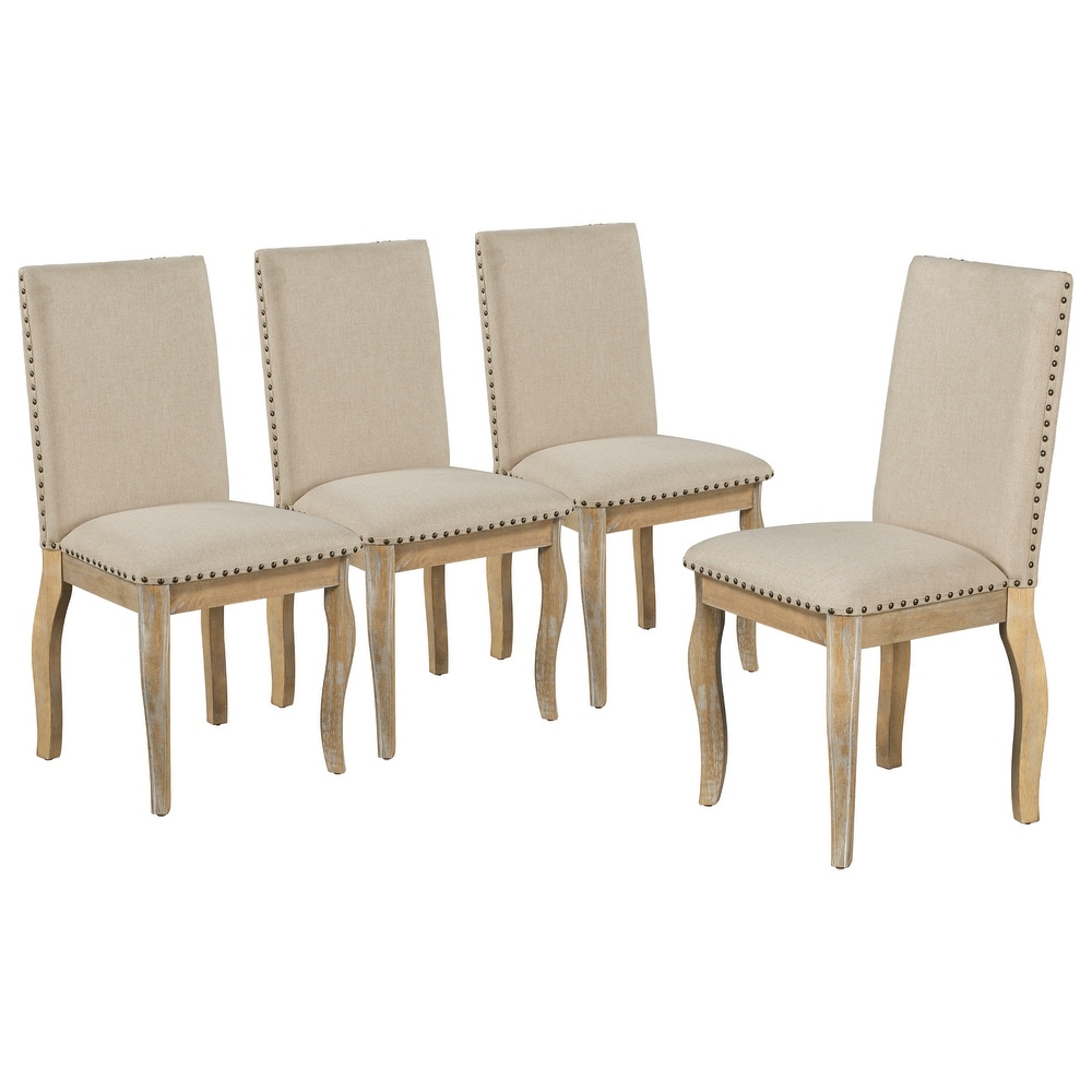 Set of 4 Dining Chairs with Solid Wood Legs  Mid Century Modern Upholstered Dining Room Chairs with Nailhead Decoration