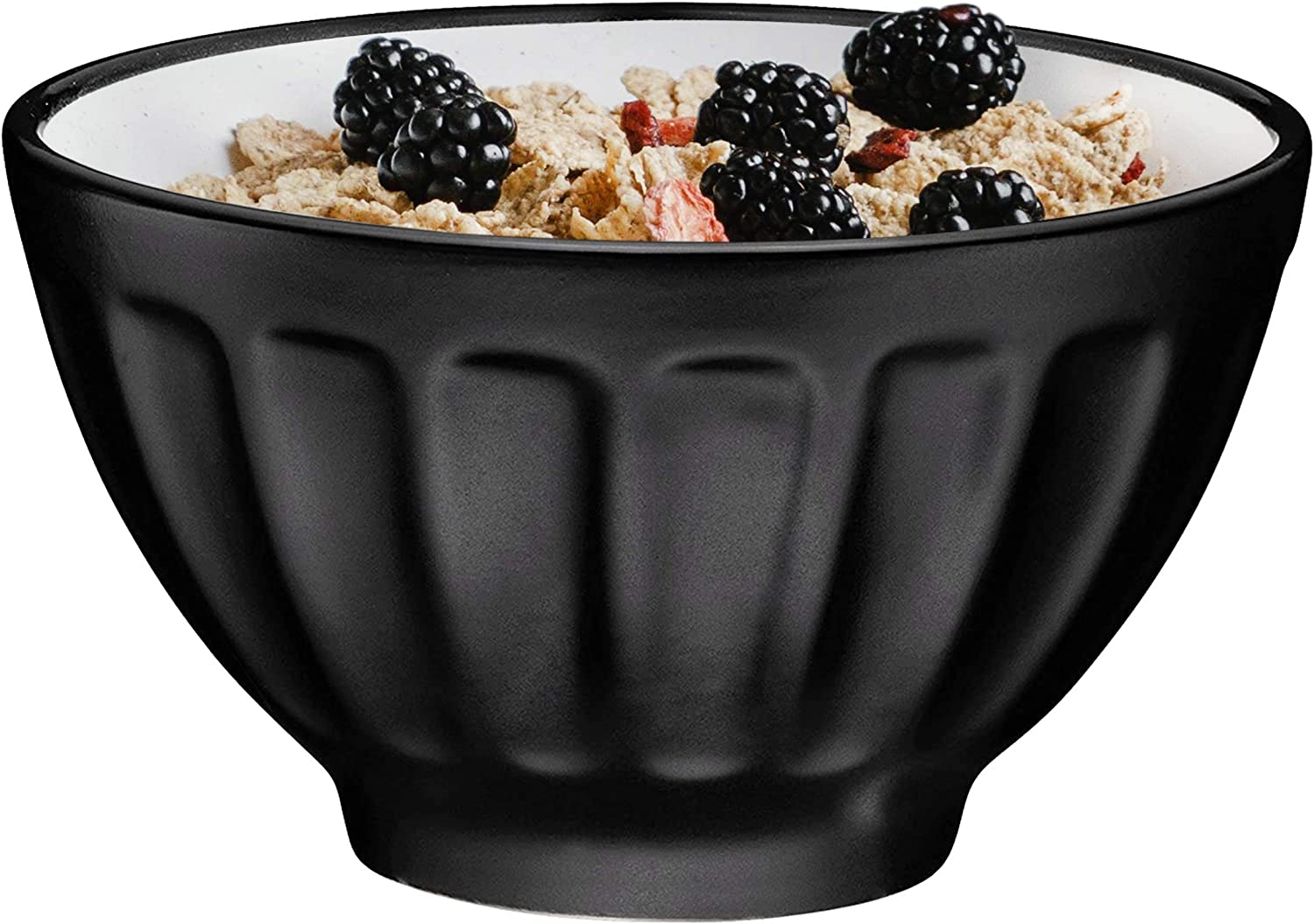 Bruntmor - Ceramic Groove Bowls - Cereal 14oz. Set of 6， Matte Black