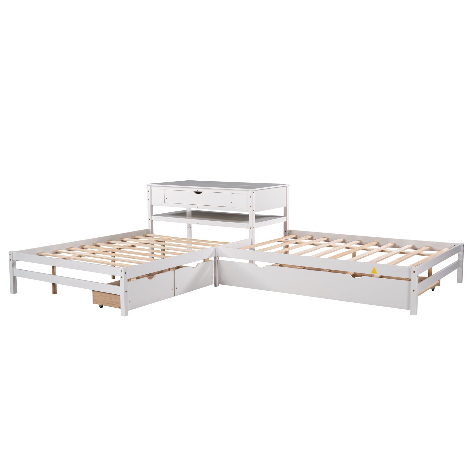 Full L-Shaped Platform Beds with Trundle, Drawers and Table for Kids Bedroom, White