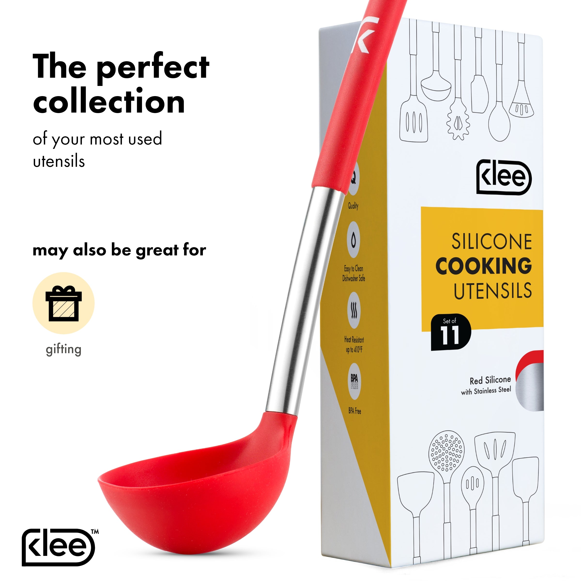 Klee 11-Piece Nonstick Silicone Cooking Utensil Set with Stainless Steel Handles (Red)