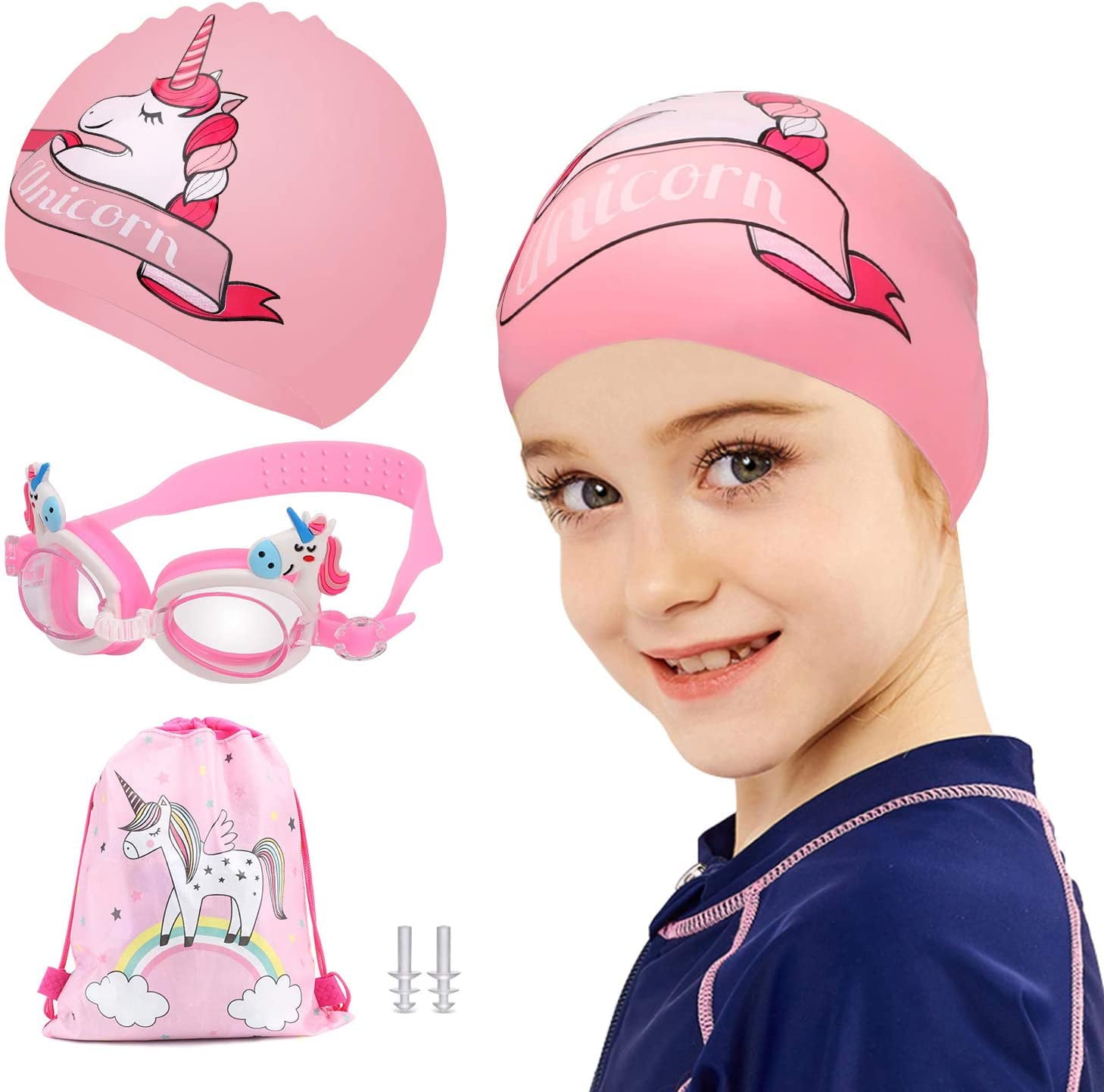 Swim Cap for Girls Kids(Age 3-12) with Swimming Goggles and Storage Bag, Silicone Waterproof Swimming and Bathing Caps for Long and Short Hair Girls Boys Toddler TCJJ