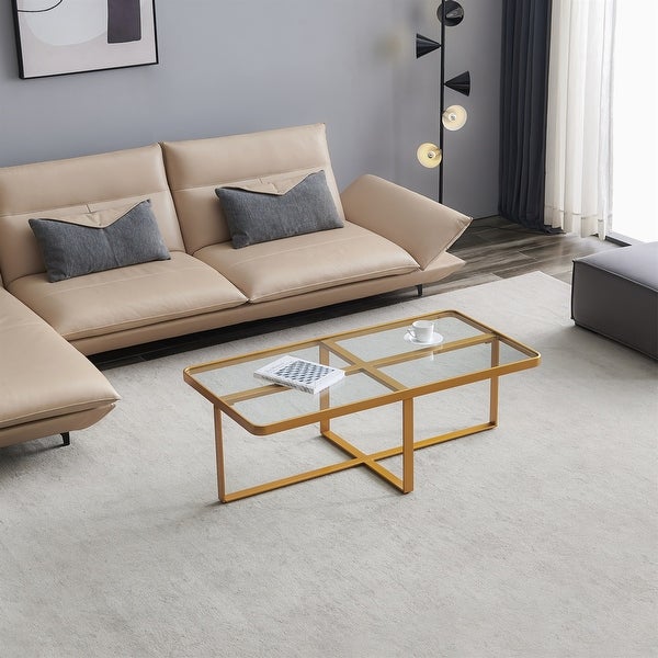 Minimalism Rectangle Coffee Table with Glossy Tabletop， Sofa Table with Metal Frame and Sturdy Cross Base for Living Room， Office